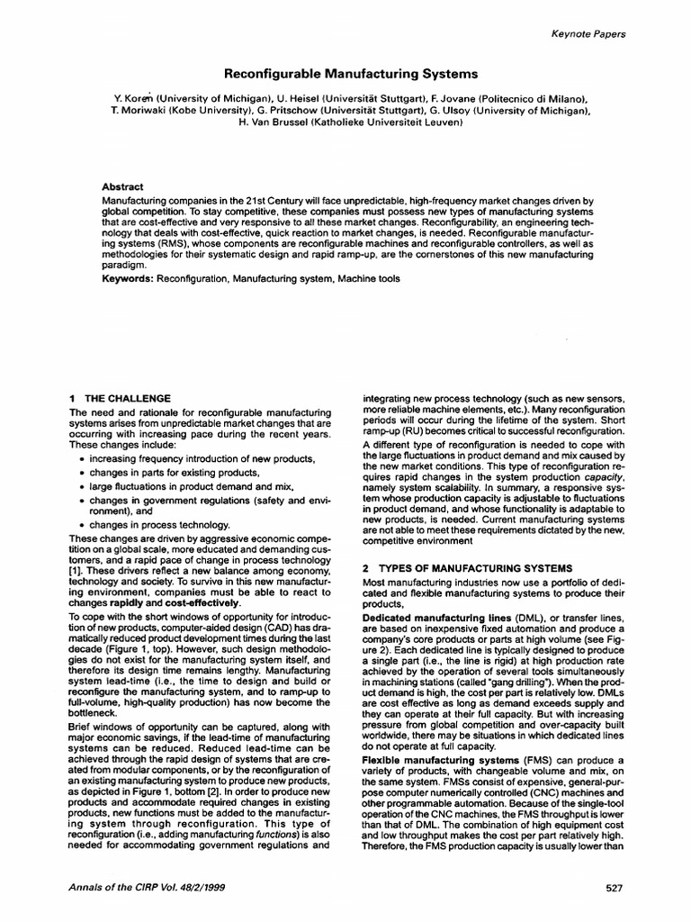Koren Reconfigurable Manufacturing Systems PDF Modularity