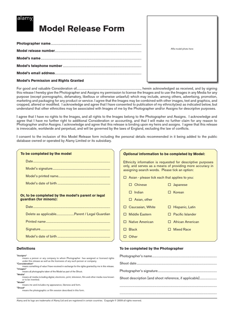 Alamy Stock Photography Model Release Form PDF Photographer Race