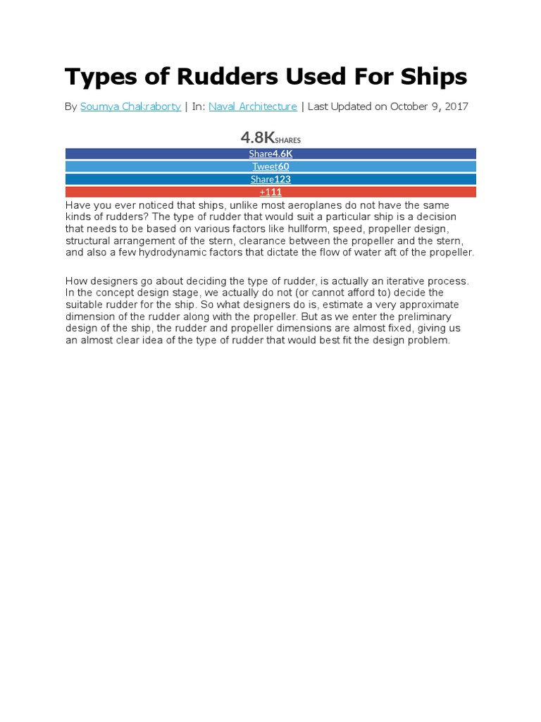 Types of Rudders Used For Ships | PDF | Rudder | Propeller