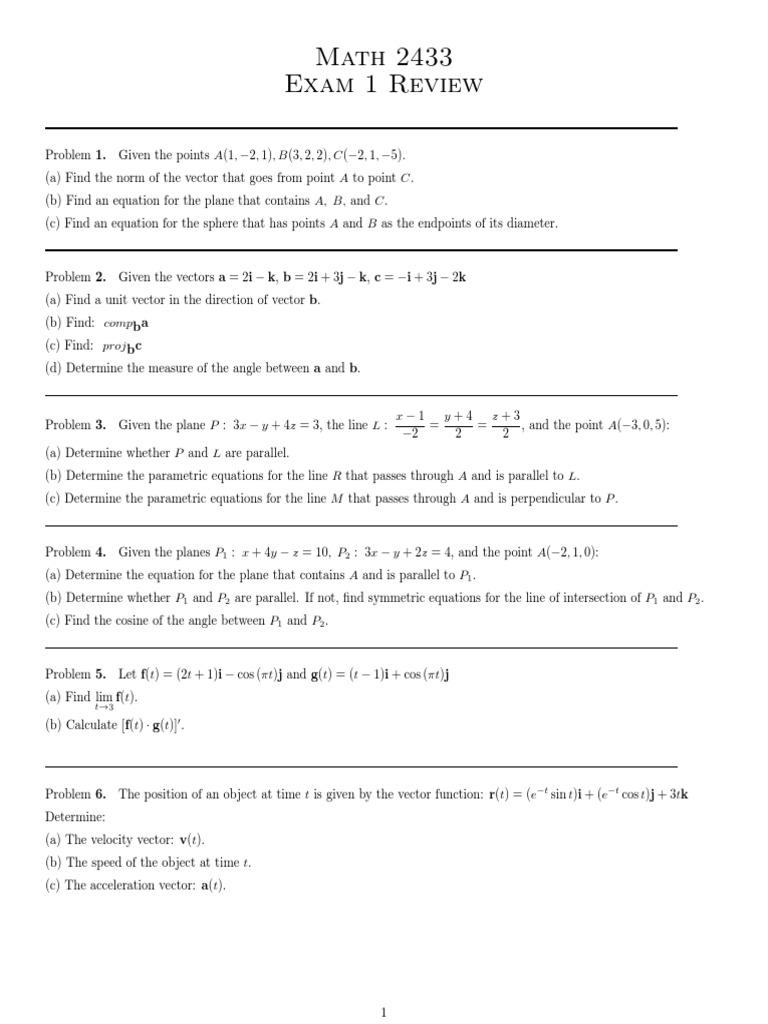 Math 2433 Exam 1 Review Problems | PDF | Acceleration | Plane (Geometry)