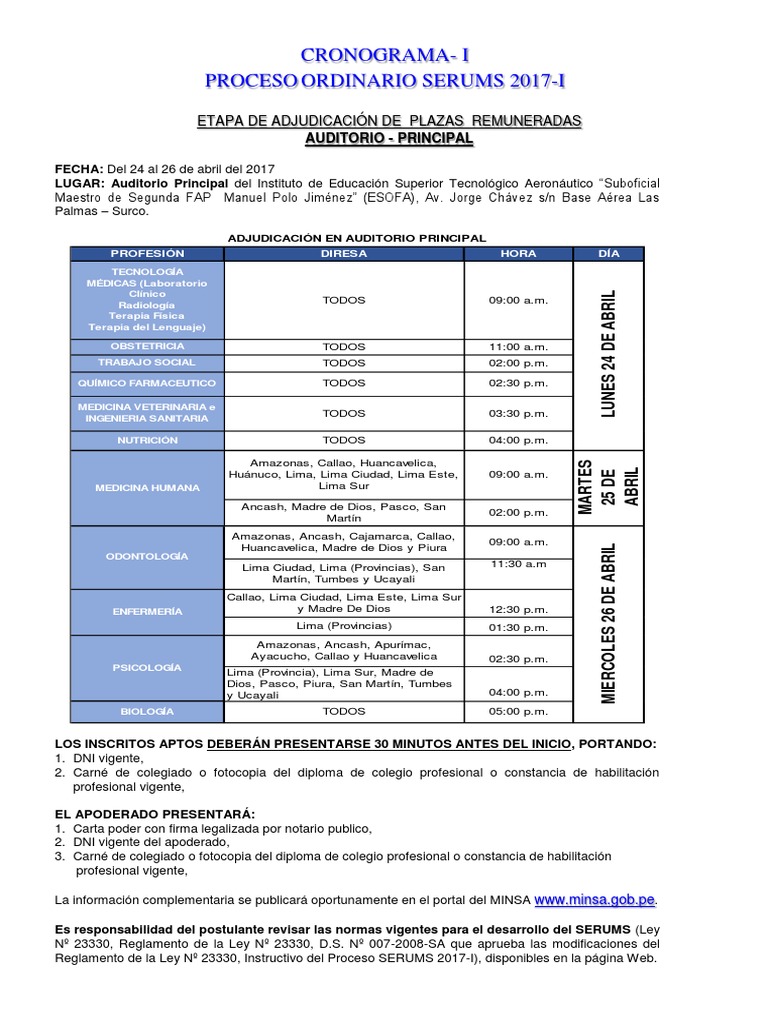 Cronograma Ordinario Serums PDF Lima Cuidado de la salud