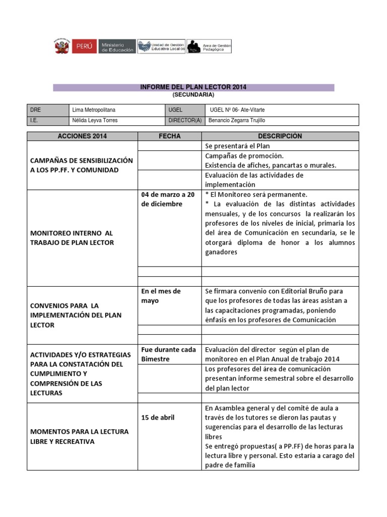 Informe Del Plan Lector 2014 Pdf Lectura Proceso Salón De Clases