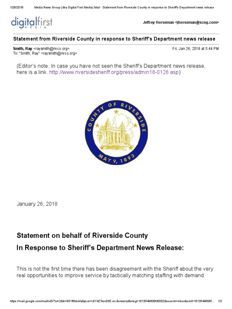 Response To Riverside County Sheriff's Department News Release | PDF ...