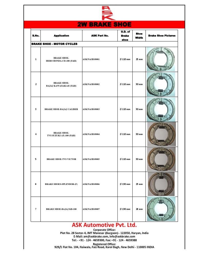 Ask 2w 3w Brake Shoe Catalogue Land Vehicles Private Transport