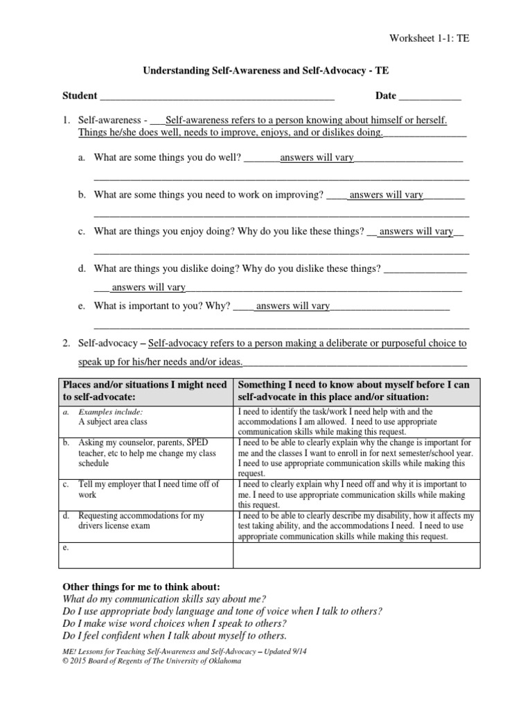 Worksheet 1 1 Understanding Self Awareness And Self Advocacy Te 1 Special Education Individualized Education Program