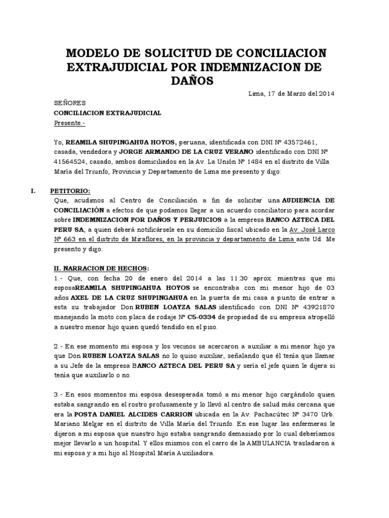 Solicitud de Conciliacion Extrajudicial Por Daños | PDF | Lima | Agitación