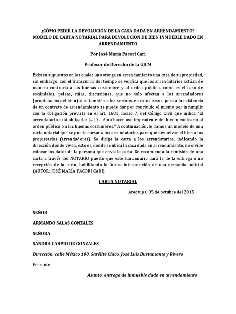 Modelo de Carta Notarial para Devolución de Bien Inmueble Dado en