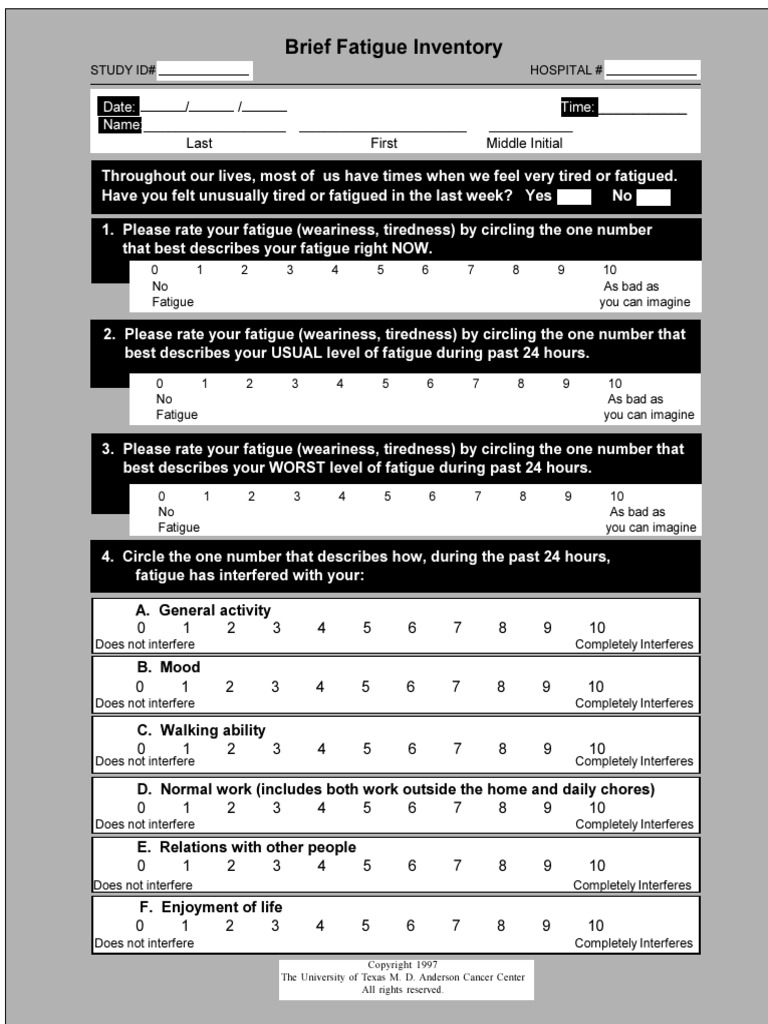 Brief Fatigue Inventory | Fatigue (Medical) | Earth &amp; Life Sciences