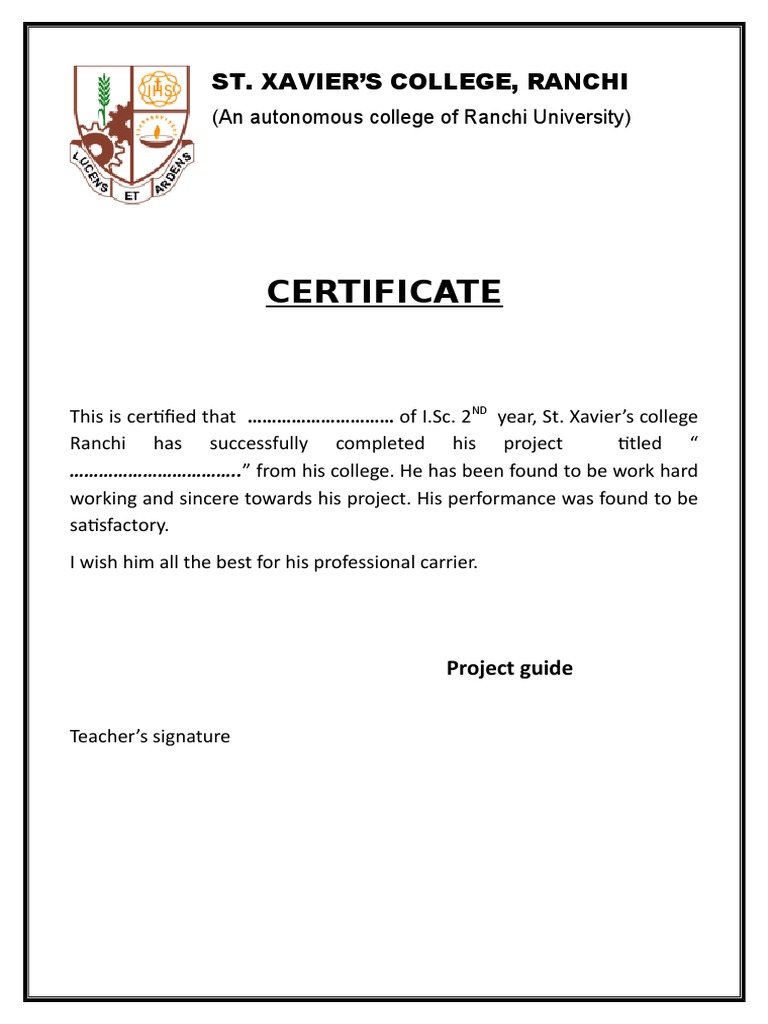 Certificate: St. Xavier'S College, Ranchi | PDF