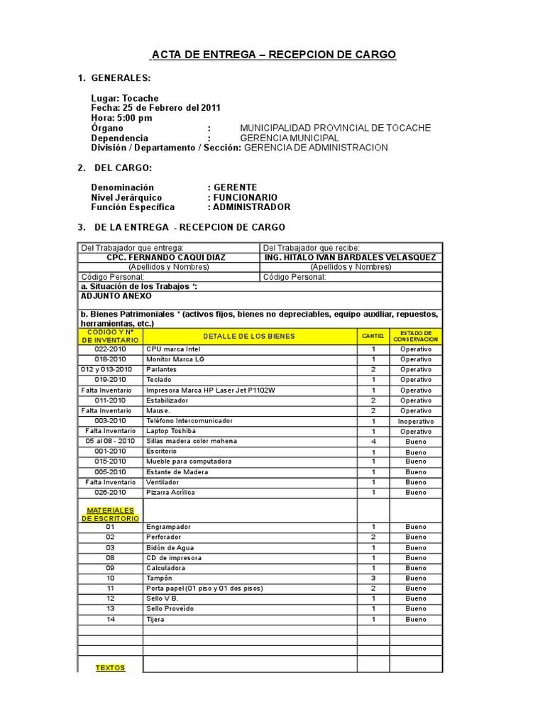 Acta de Entrega de Cargo Municipal | PDF | Equipo de oficina | Bienes ...