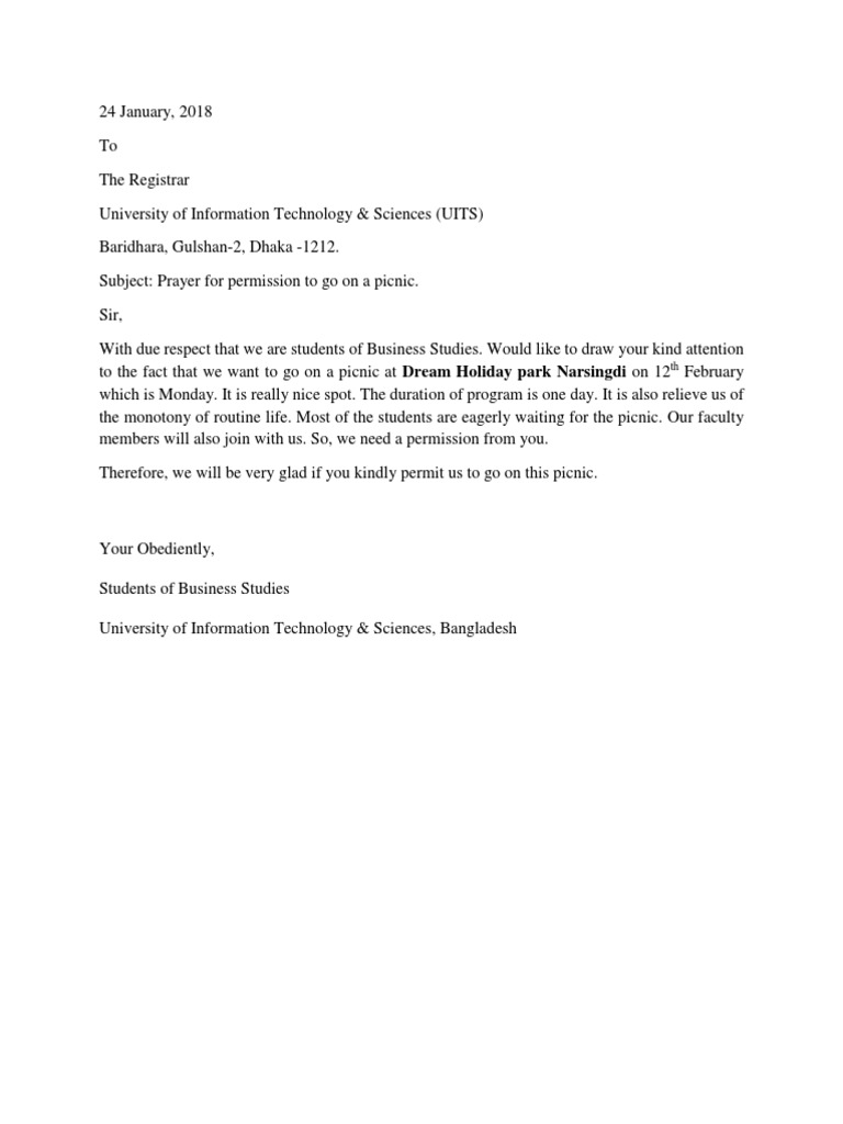 Application For Permission To Go On A Picnic PDF