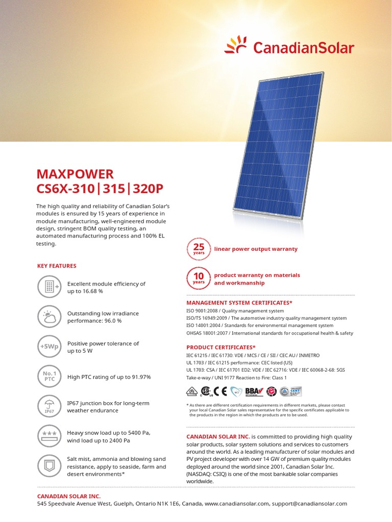 Canadian Solar Datasheet CS6XP Maxpower V5.4c1en | PDF | Electrical ...