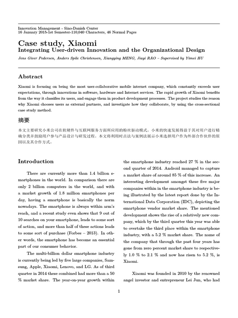 Case Study, Xiaomi: Integrating User-Driven Innovation and The ...