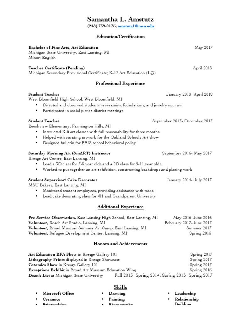 Teaching Resume PDF Michigan - 1704487875