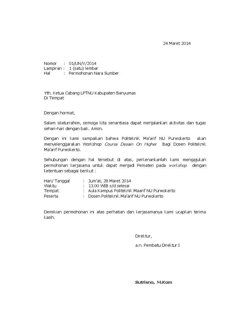 Surat Permohonan Pembicara Workshop