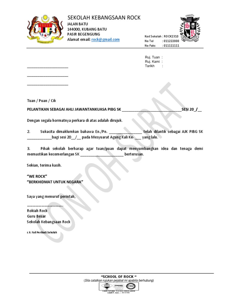 Contoh Surat Pelantikan Jawatankuasa Kelab