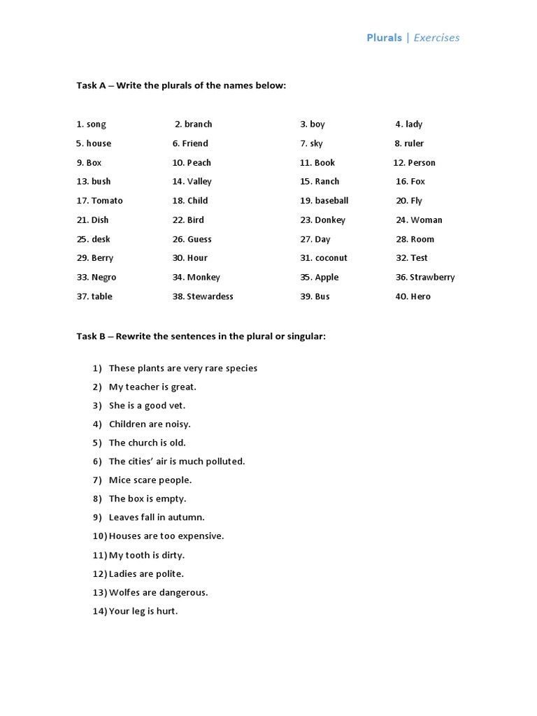 Task A Write The Plurals of The Names Below PDF