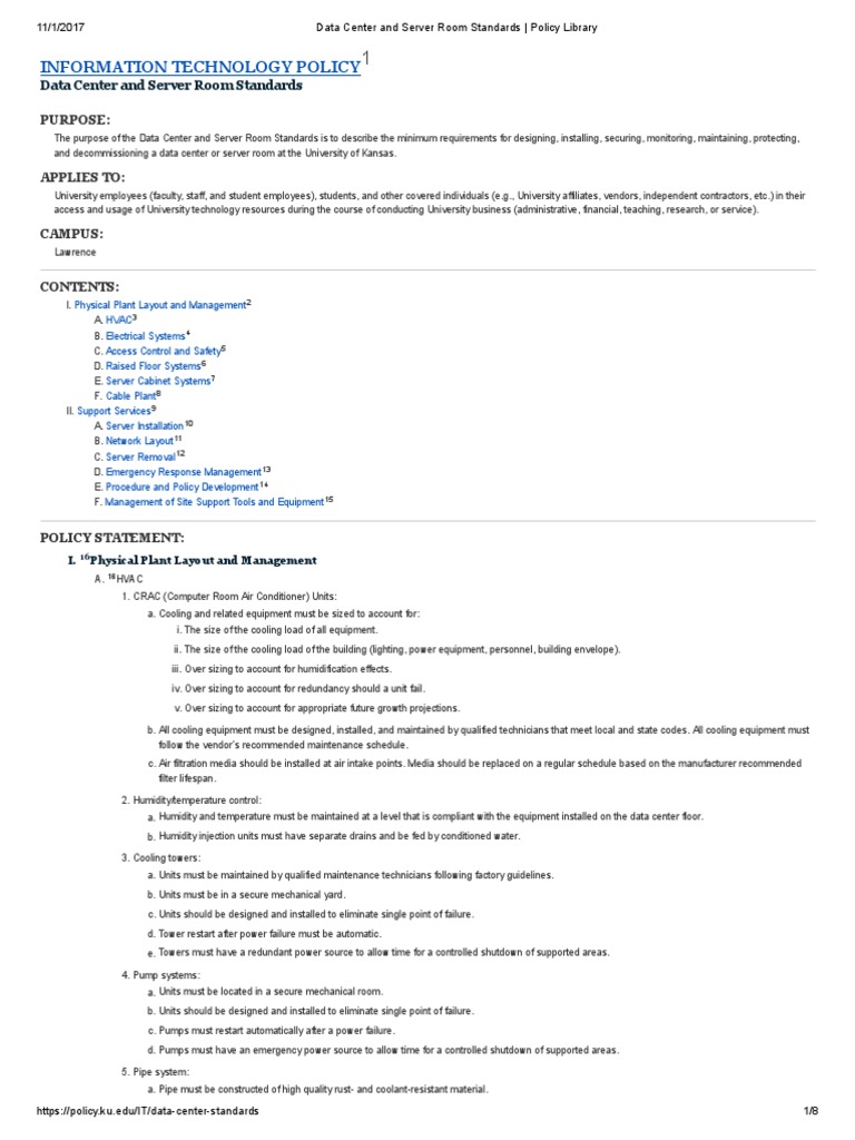 Data Center and Server Room Standards Policy Library Download Free PDF Data Center