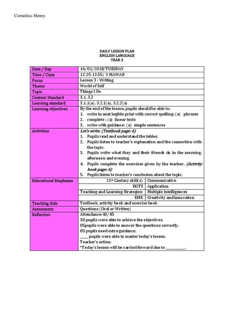 Daily Lesson Plan English Year 3 Week 3 | PDF | Lesson Plan | Educational  Assessment