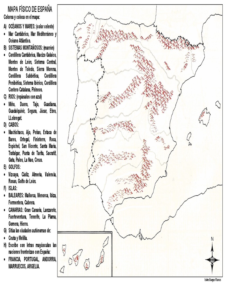Mapa físico de España para colorear | PDF | España | Geografía