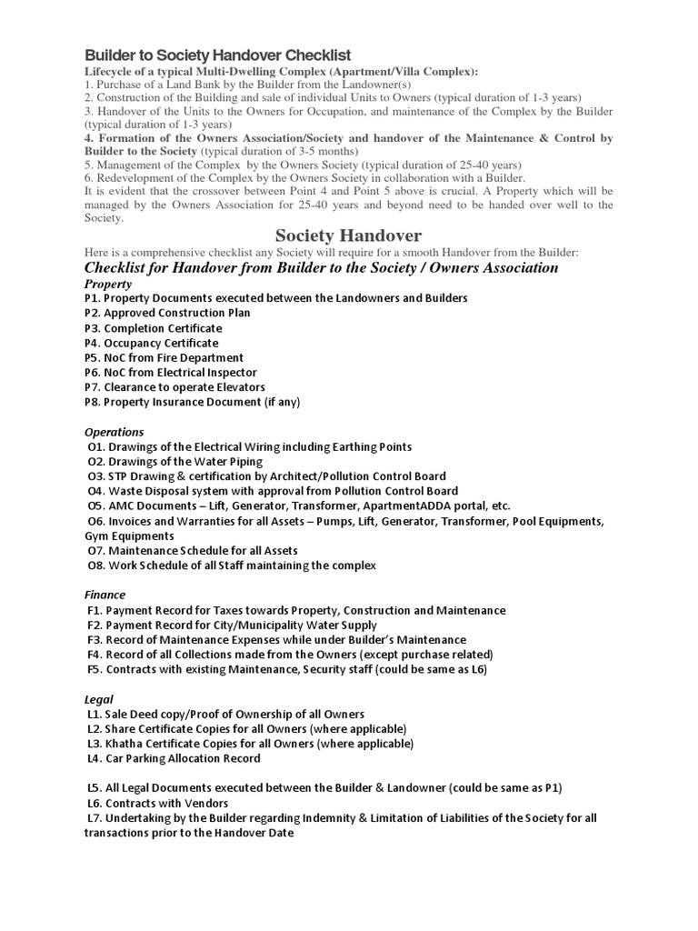 Builder to Society Handover Checklist | PDF | Ownership | Apartment