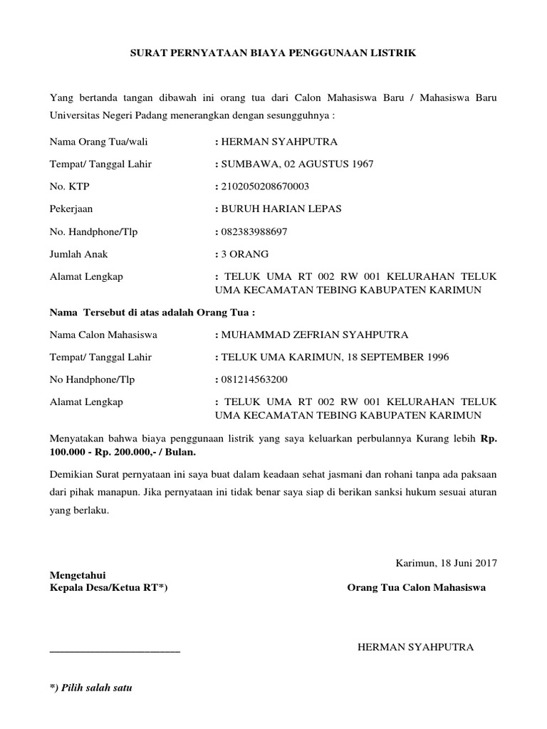Surat Keterangan Listrik Docx