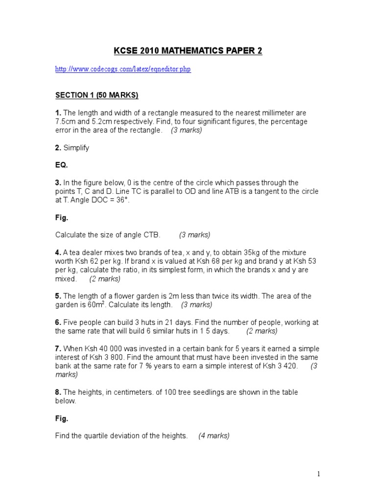 KCSE 2010 Mathematics Paper 2 Solutions | PDF | Cartesian Coordinate ...