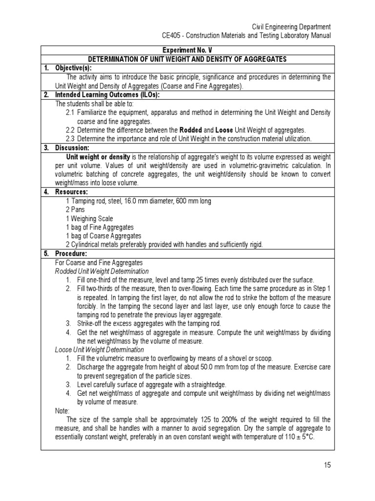CE405 - Experiment 5 - Determination of Unit Weight and Density of  Aggregates | Density |