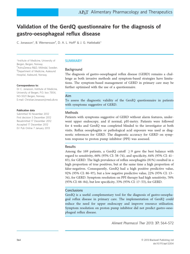 GerdQ Questionnaire Validation for GERD | PDF | Gastroesophageal Reflux ...