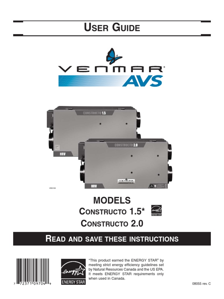 Venmar Air Exchanger Constructo 2.0 Manual Hvac Ventilation