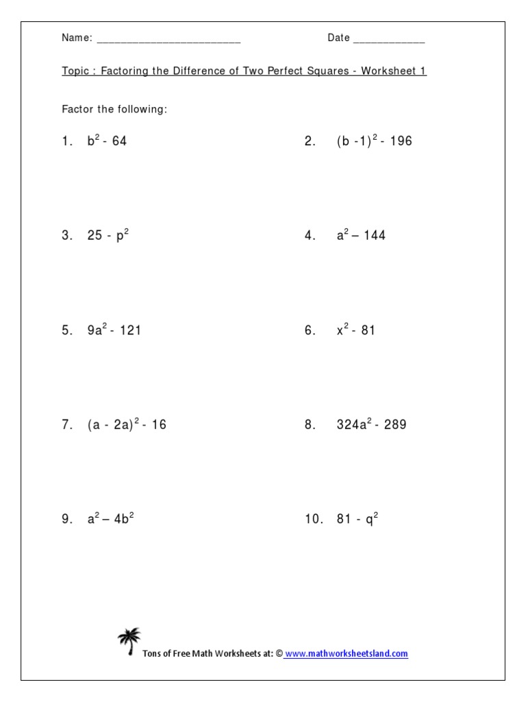 difference of squares practice In Factoring Difference Of Squares Worksheet