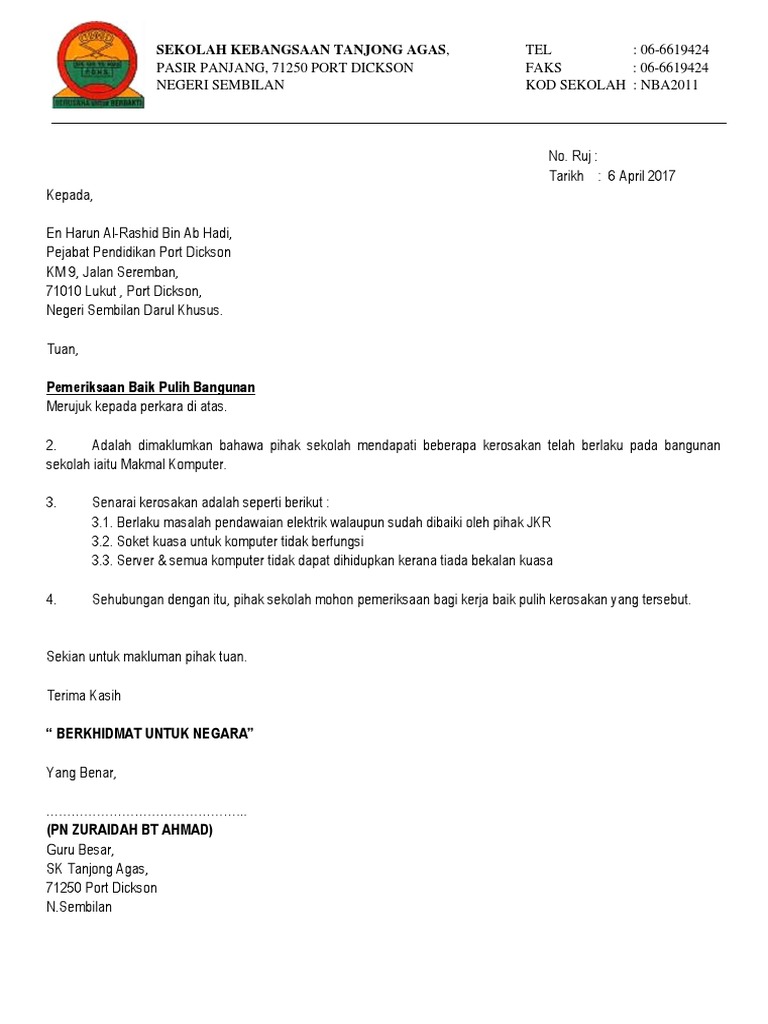 Surat Aduan Kerosakan Bangunan Sekolah Bantuan Modal