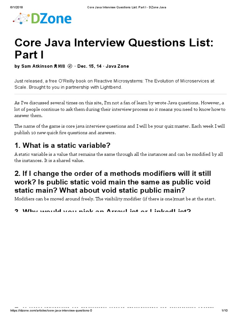 Core Java Interview Questions List Part I Dzone Java Method Computer Programming Spring Framework