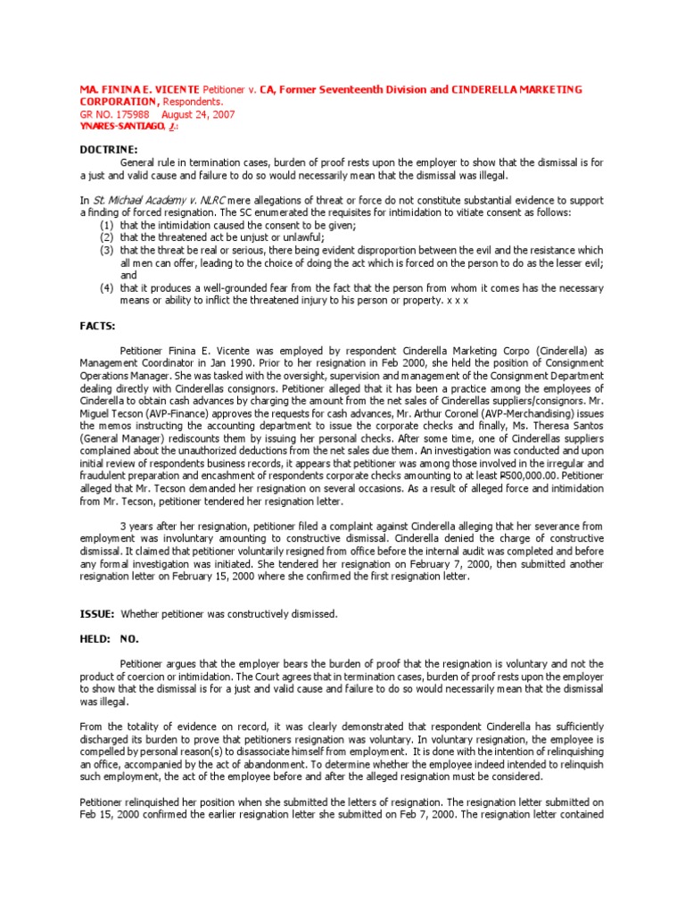 Constructive Dismissal Case Analysis | PDF | Burden Of Proof (Law ...