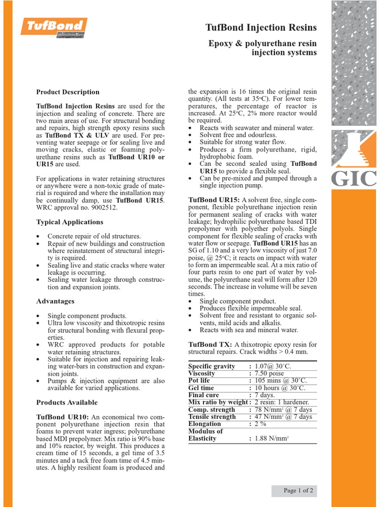 TufBond Injection Resins Overview | PDF | Polyurethane | Epoxy