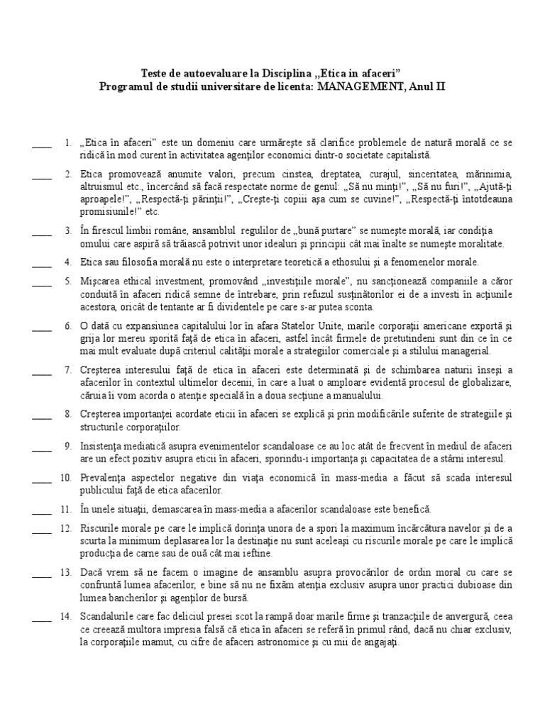 Teste de Autoevaluare - Etica in Afaceri - MGM | PDF
