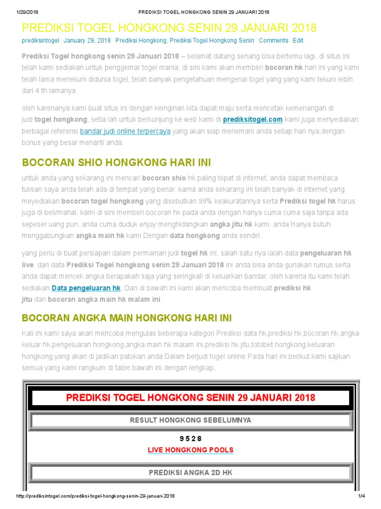 Prediksi Togel Hongkong Senin 29 Januari 2018 Pdf