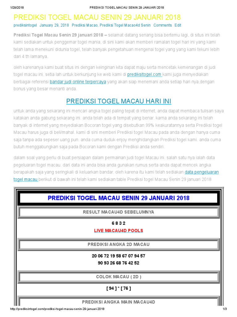 Prediksi Togel Macau Senin 29 Januari 2018 | Pdf