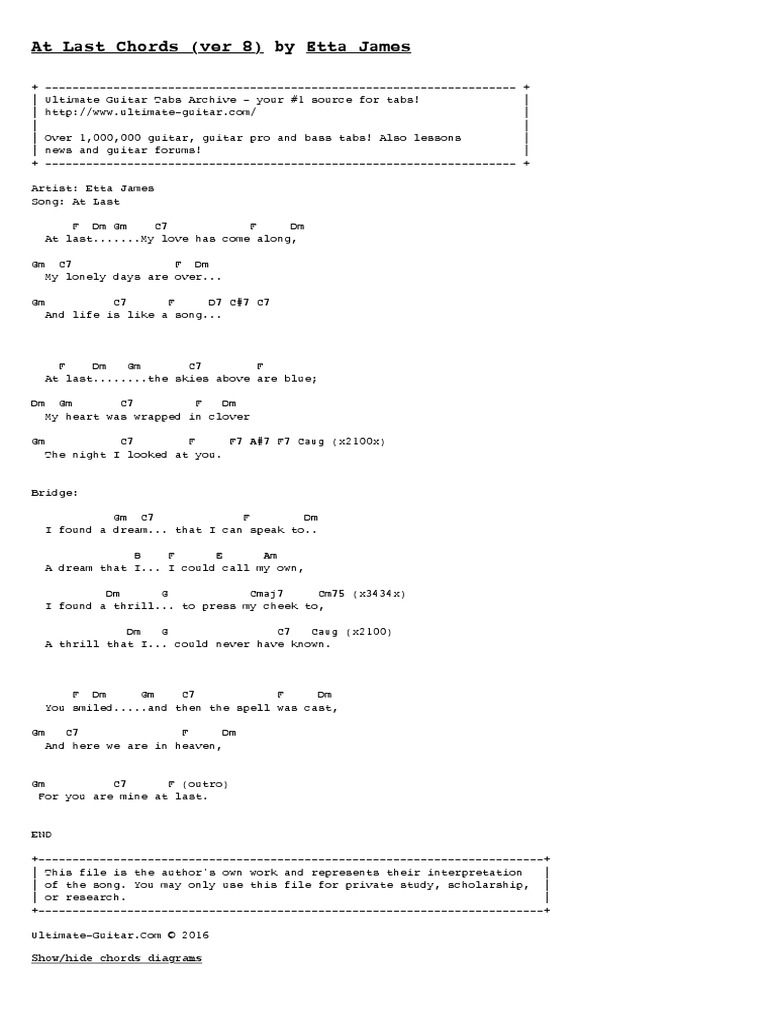 At Last Chords (Ver 8) by Etta James Tabs at Ultimate Guitar Archive ...
