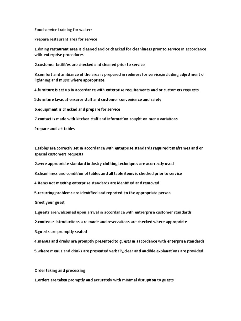 Food Service Training for Waiters Menu Restaurants