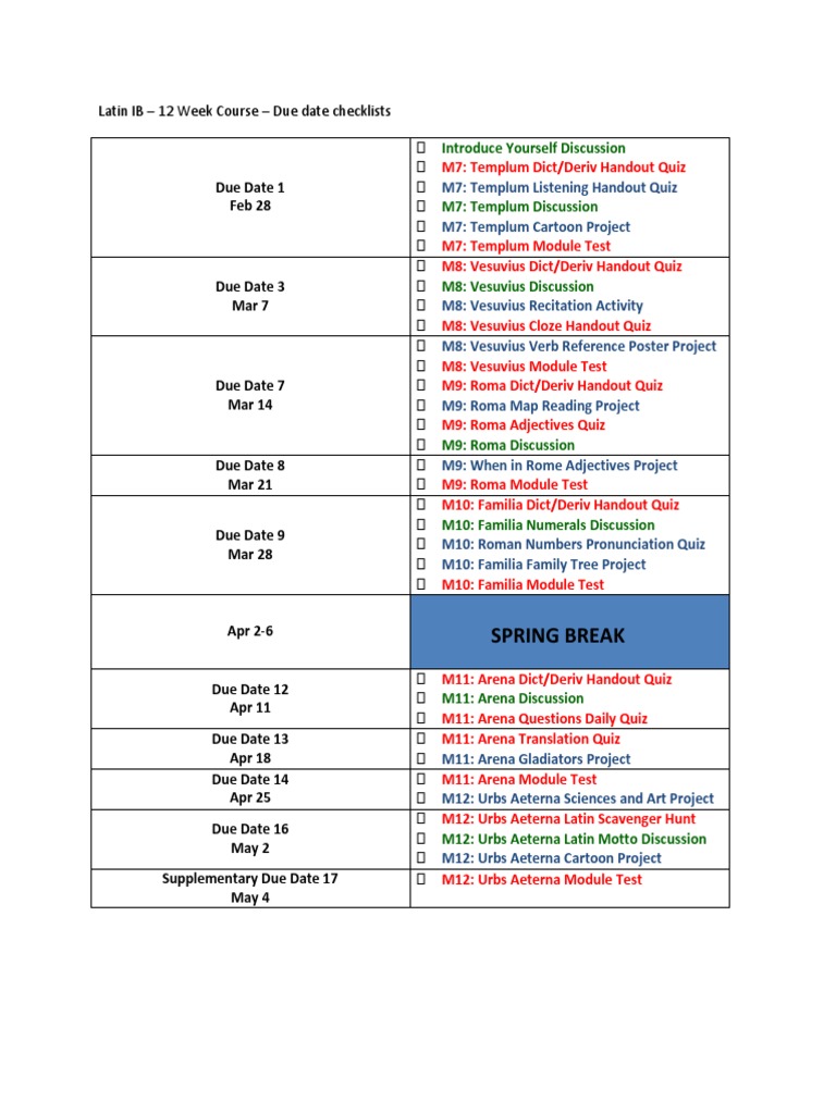 Latin IB 12Weeks Checklist PDF Syntactic Relationships Languages