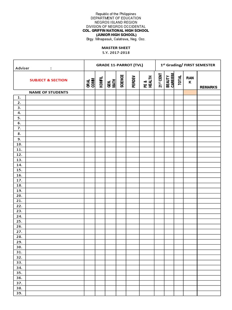 Master Sheet Subject & Section PDF