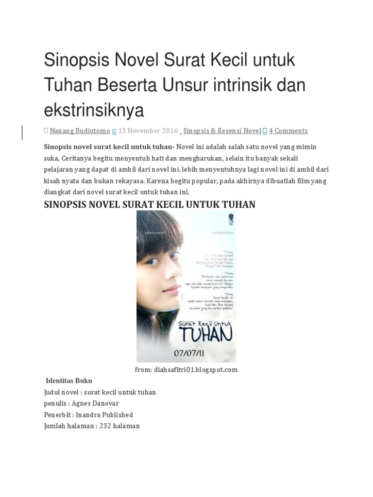Contoh Teks Ulasan Novel Surat Kecil Untuk Tuhan Beserta