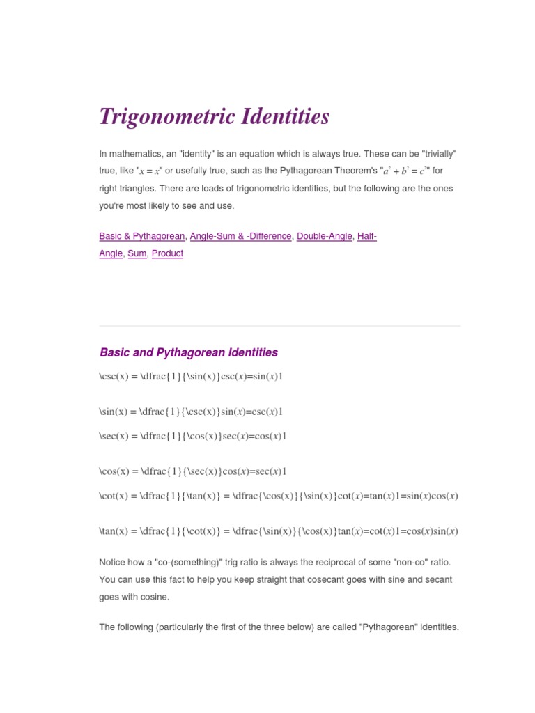 Trigonometric Identities Sine Trigonometric Functions