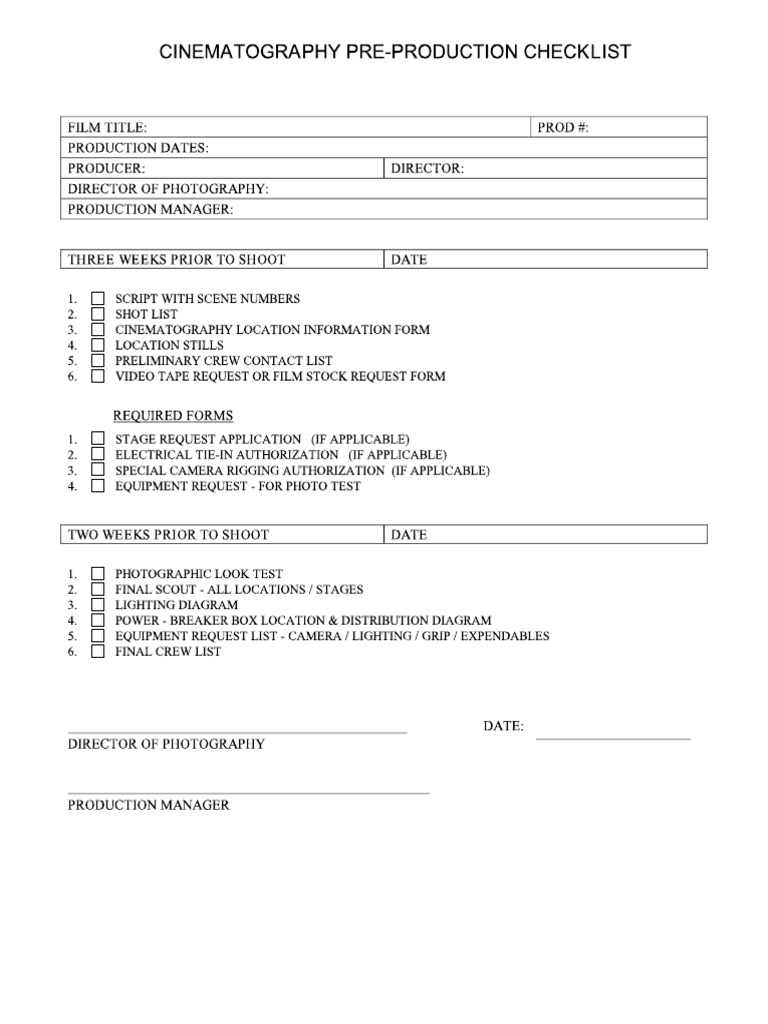 Cinematography PreProduction Checklist PDF