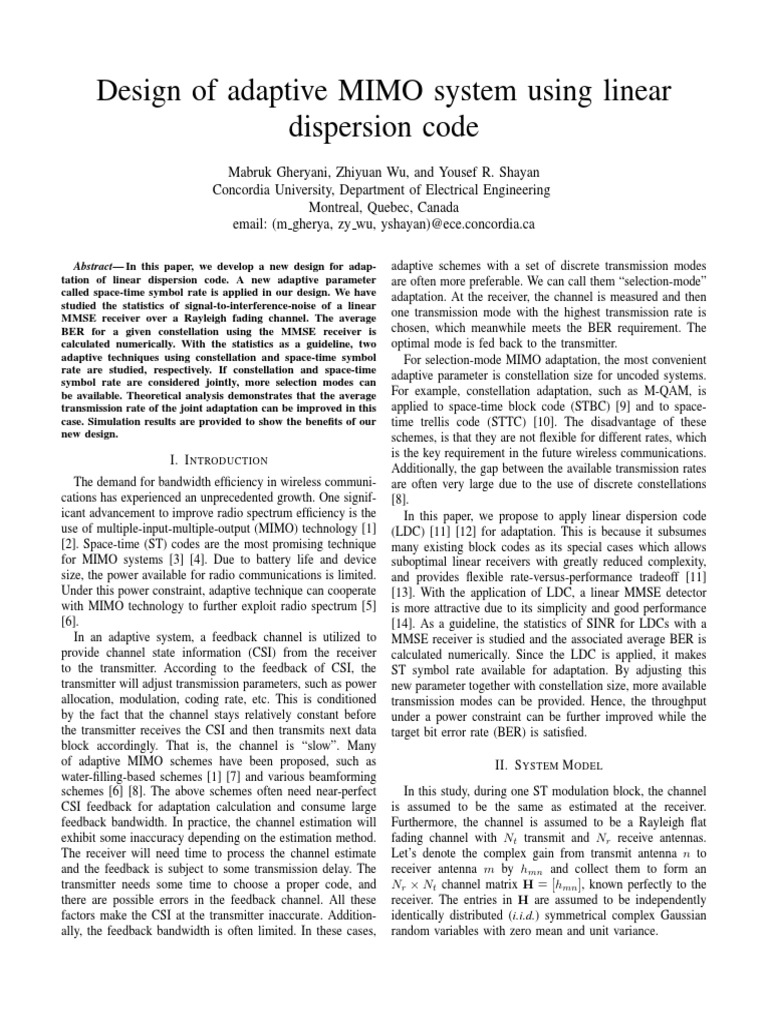 Adaptive MIMO System with Linear Dispersion Code | PDF | Mimo | Wireless
