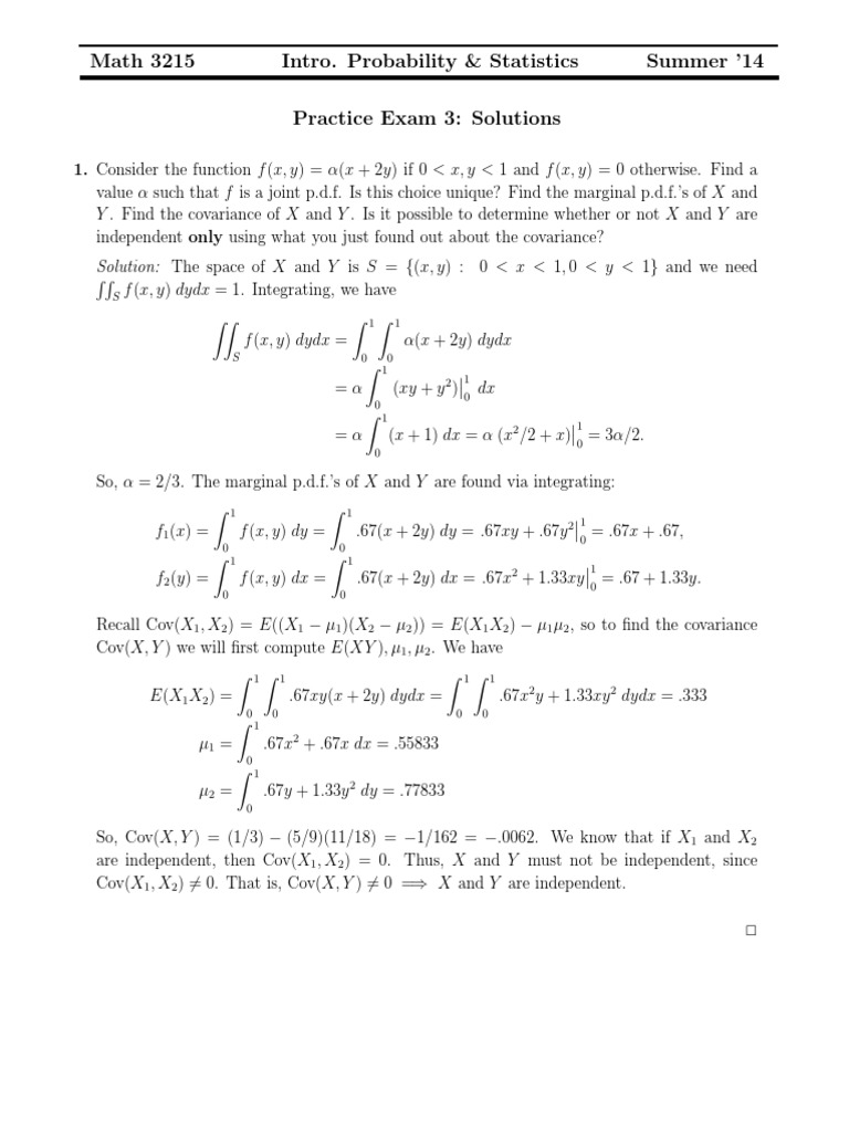 Probability and Statistics Practice Exam: Solutions and Analysis of ...