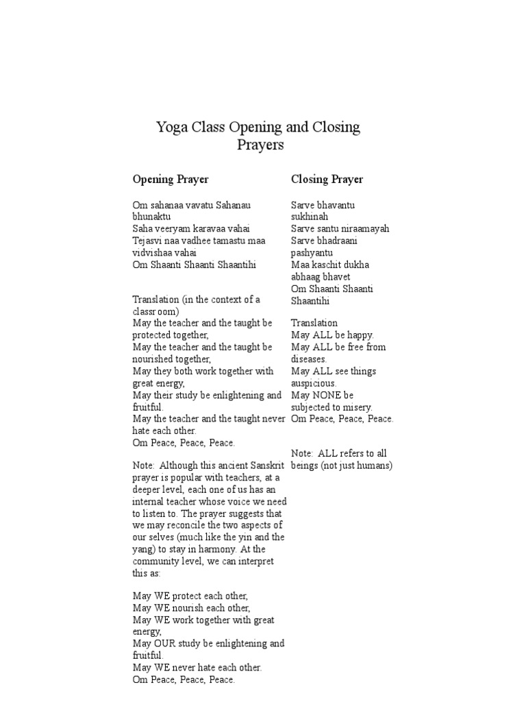 Yoga Class Opening and Closing Prayers | PDF