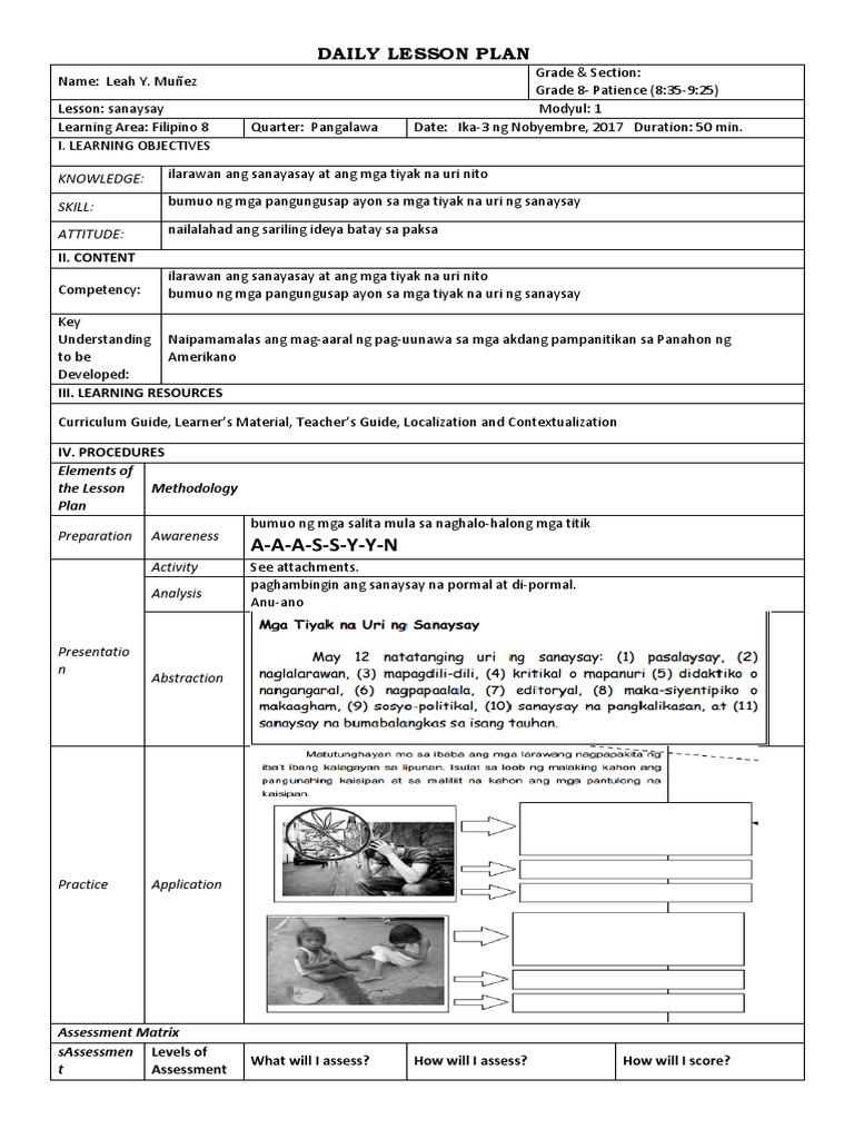 Lesson Plan in Math 10 and Filipino 8 | PDF