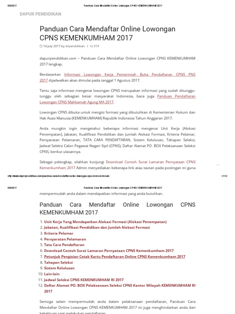 Panduan Cara Mendaftar Online Lowongan Cpns Kemenkumham 2017 Pdf